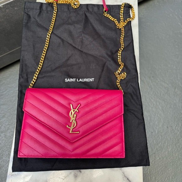 YSL Saint Laurent Bright Pink Chevron Quilted Caviar Leather Wallet on Chain WOC - Picture 14 of 17